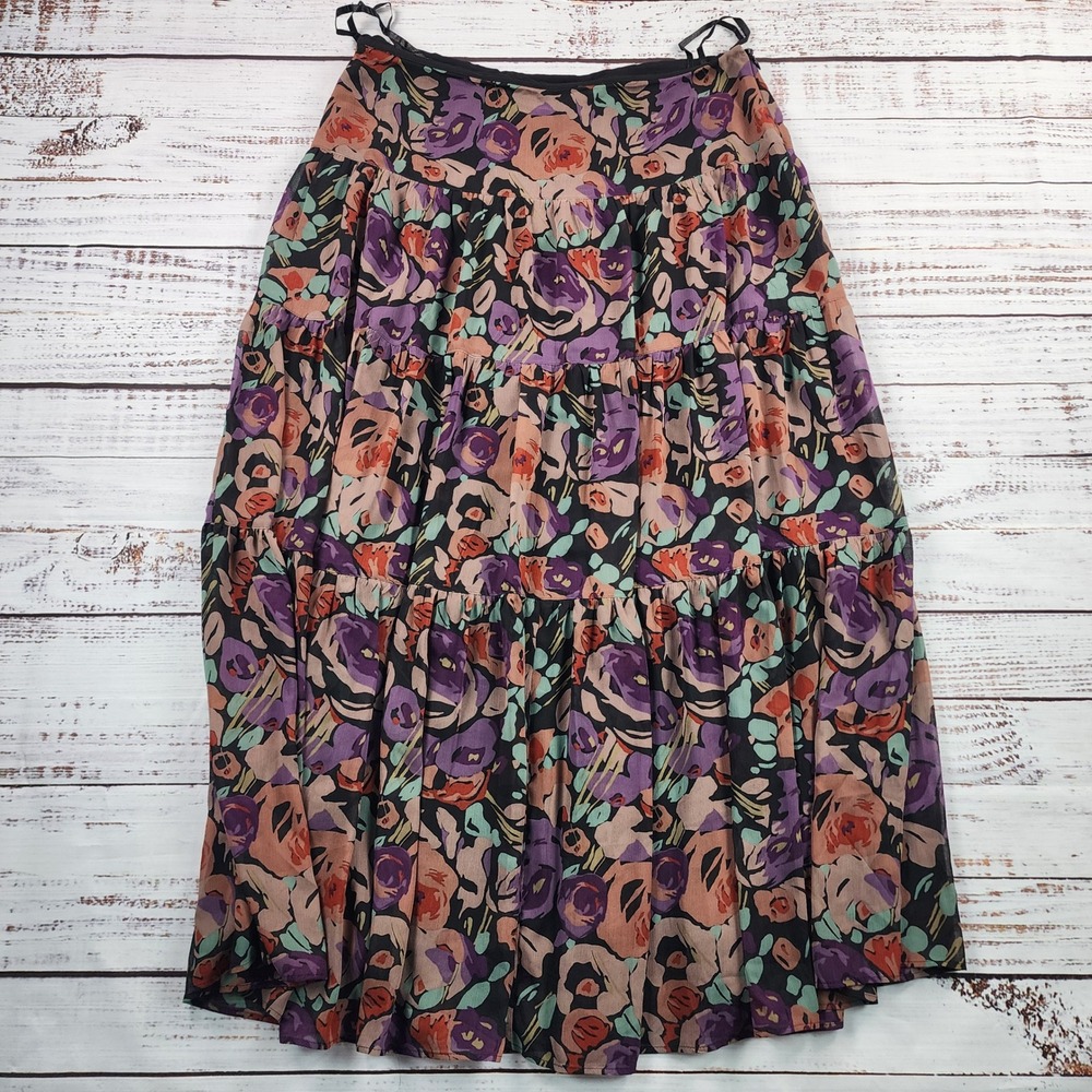 Lauren Ralph Lauren Floral Georgette Tiered Maxi Skirt Women's 12 Black Purple
